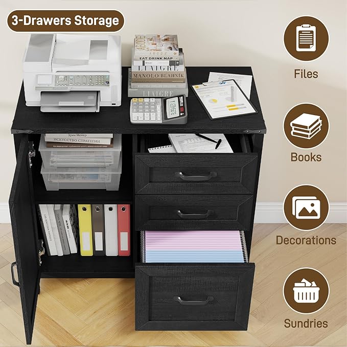Farmhouse Lateral Filing Cabinet, Lateral File Cabinet with 3 Drawers and Storage Cabinet, Wooden Printer Stand with File Drawer for Letter/A4 Size Hanging File for Home Office, Rustic Black