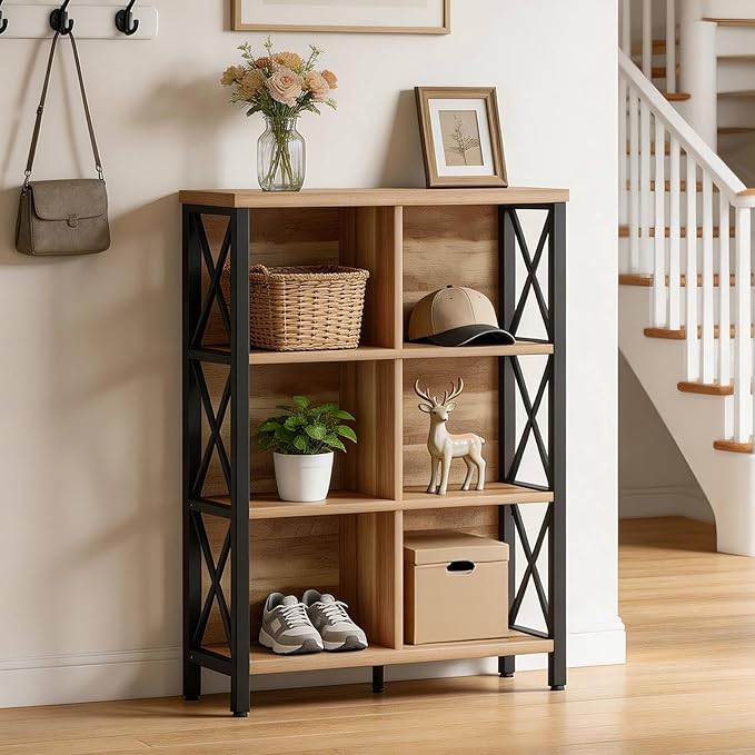 FATORRI Bookcase, 6 Cube Storage Organizer Shelf, Wood and Metal Cubby Book Shelf, Industrial 4 Tier Cube Bookshelf (Rustic Oak)