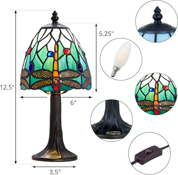 Dragonfly Stained Glass Mini Table Lamp, Handmade Tiffany Style Desk Light with LED Bulb, Easy Assembly, Heavy Stable Base for Bedroom, Living Room, Office & Study.