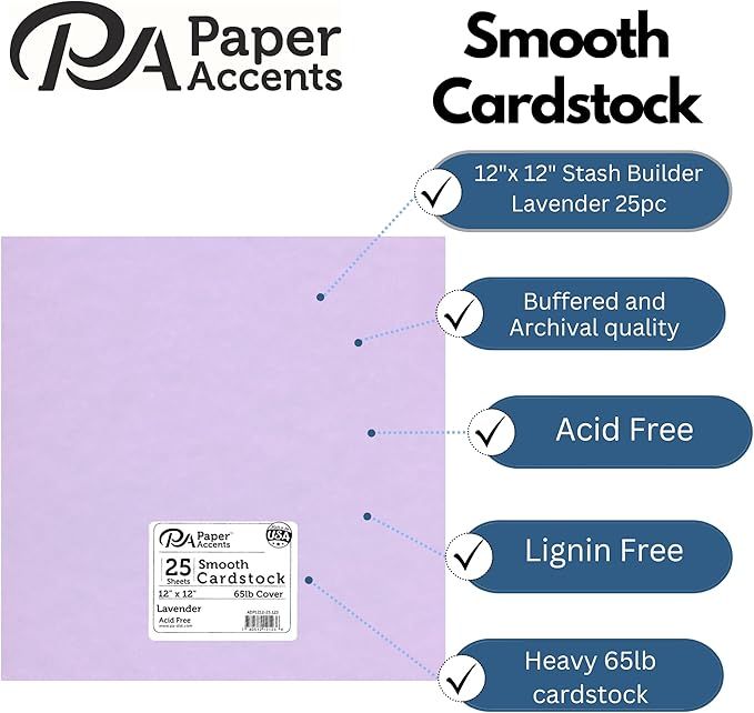 PA Paper Accents Cardstock Pack 12" x 12" Lavender, Smooth, 65lb colored cardstock paper for card making, scrapbooking, printing, quilling and crafts, 25 pieces