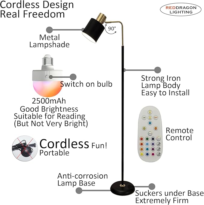 Modern Cordless Floor Lamp Battery Operated with Remote, Black Gold Rechargeable Minimalist Standing Battery Reading Floor Lamp with Metal Shade No Electric Wire for Living Room Bedroom (1 Pack)