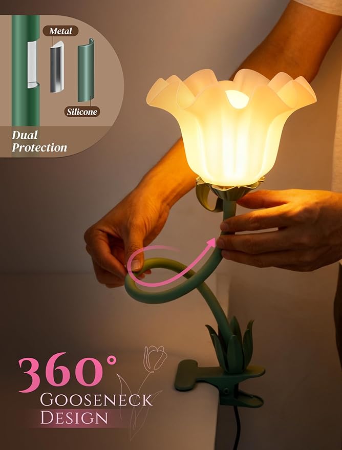 ONXE Clip On Light and Flower Desk Lamp, Flexible Gooseneck Reading Book Light with 3 Color Modes Cute Table Lamp Decor, Clip on Bedside Lamp for Bed Headboard,Table, Nursery,Dorm (Green-02)