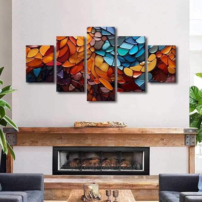 Modern Wall Art Colorful Abstract Canvas Wall Art Decor Mosaic Style Pattern Prints on Canvas 5 Panel Canvas Poster Art for Men Lady Living Room Decoration Stretched Ready to Hang 60x32 in