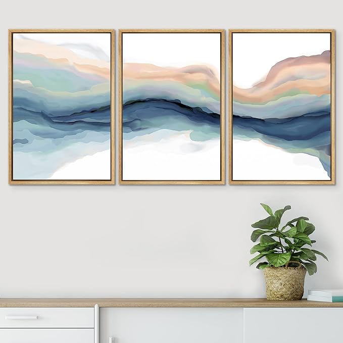 SIGNWIN Framed Canvas Print Wall Art Set Pastel Watercolor Teal Brown Paint Stroke Landscape Abstract Shapes Illustrations Modern Art Decorative for Living Room, Bedroom, Office - 16"x24"x3 Natural