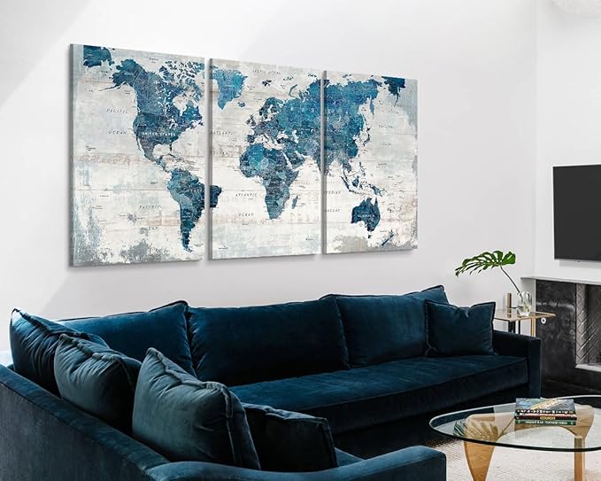 Wall Art Home Office Decor Map of The World Pictures for Living Room Extra Large Canvas Abstract Blue Bedroom Kitchen Dining Room Home Decor