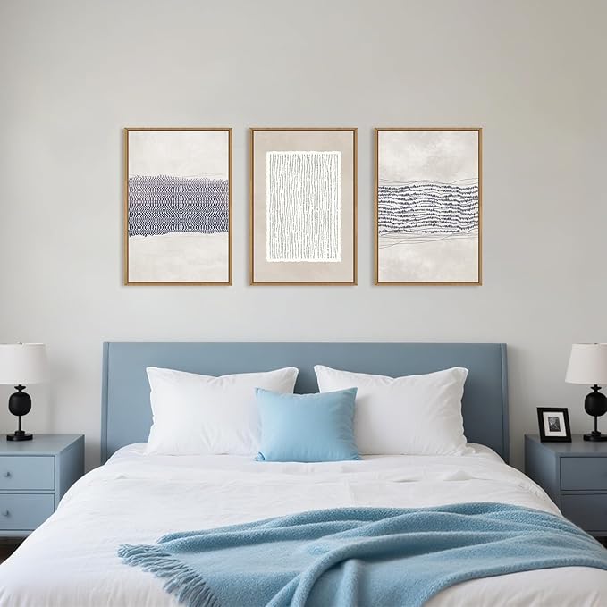HOURIA Blue White Abstract Neutral Framed Canvas Wall Art Set,Minimalist Boho Waves Lines Wall Decor,Modern Geometric Shapes Print,Mid Century Grunge Artwork for Living Room,Bedroom,Office- 24"x36"x3