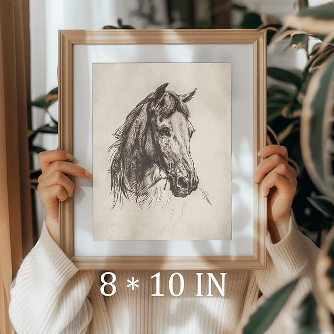 uniro Vintage Horse Etching Sketch Equestrian Retro Wall Art Print Farmhouse Animal Farm Drawing Horse Lover Gift Cottagecore Decor Minimalist Mid Century French Country Room Decor (8" x 10"-UNFRAMED)