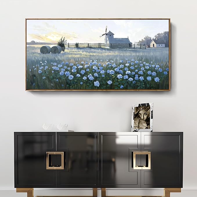 amatop Farmhouse Wall Art, Large Framed Canvas Print - Rustic Vintage Country Landscape with Blue Floral Sunset, Nature Artwork Picture for Dining Room, Living Room, Bedroom and Kitchen Decor (48x24 Inch)
