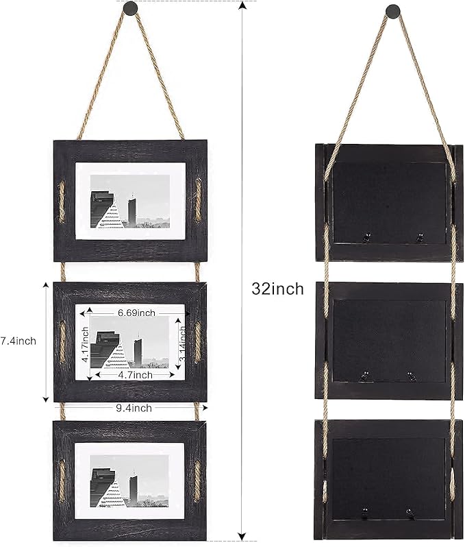DLQuarts 5x7 Hanging Picture Frames Collage Wall Decor, 3-Opening Photo Frames 5x7 Without Mat & 3.5x5 with Mat, Rustic Wood 3-Frame, Weathered Black