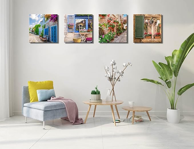 OKEXCKK Tuscan Wall Art Decor, Italy Window View Paintings Nature Landscape Pictures Mediterranean Street Canvas Prints for Bedroom, Living Room, Office Wall Decoration
