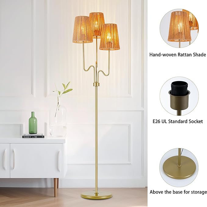 MAYNA Bohemian Floor Lamp, 68 in. Rattan Floor Lamp with Rattan Shade, 3-Light Tree-Shaped Stand Lamp for Bedroom, Nursery, E26 Socket, Living Room(Gold)