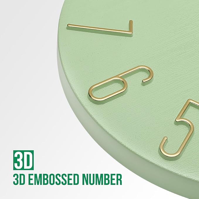 Wall Clock 12 Inch Silent Non-Ticking Imitation Wood Indoor Clock Round Green Decor Clock Modern 3D Figures Quartz Wall Clocks for Home, Hotel, Office, School