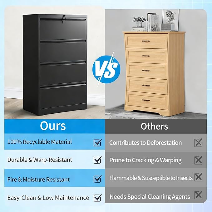 4 Drawer Lateral File Cabinet with Lock, Metal Lateral Filing Cabinet for Home Office, Steel Wide Horizontal Filing Cabinets for Letter/Legal/A4/F4 Hanging Files (Black)