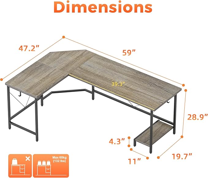 Mericonia 59 inch Large L Shaped Desk, Simple Corner Gaming Desk with CPU Stand & Hooks, Computer Desk for Home, Bedroom & Office Workspace, Grey