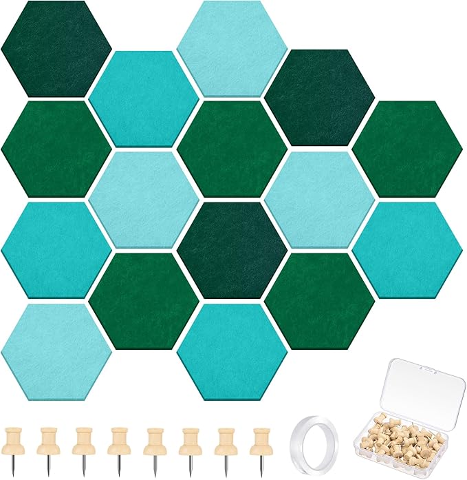16 Pcs Hexagon Cork Board for Walls with 50 Wooden Push Pins 6.7 x 5.9 in Felt DIY Tiles Notice with Nano Tape Hanging Bulletin Board for Home Photo Office Memo Note(Turquoise)
