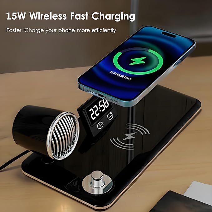 LED Desk Lamp for Office Home, Modern Desk Light with 15W Wireless Charger, Bluetooth Speaker & Digital Clock, 3 Color Temperature, Eye-Caring Study Lamp, Flexible Gooseneck, Black