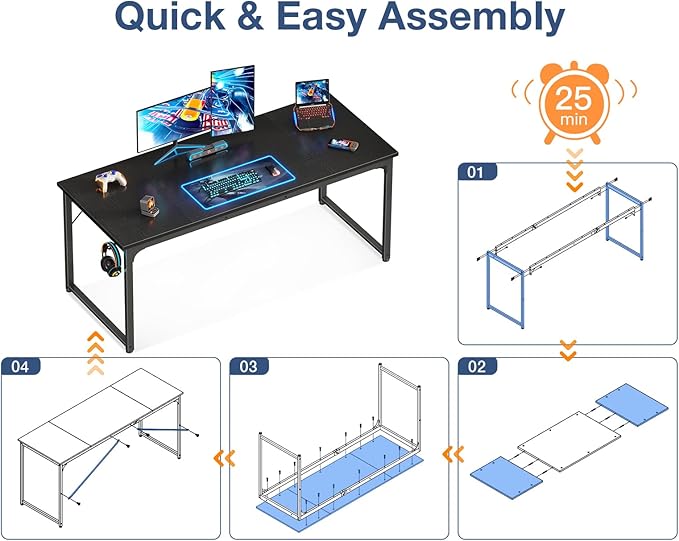Casaottima 63 Inch Computer Desk for Home Office, Study Writing Table for Small Spaces, Simple Modern Desk with Headphone Hooks, Black