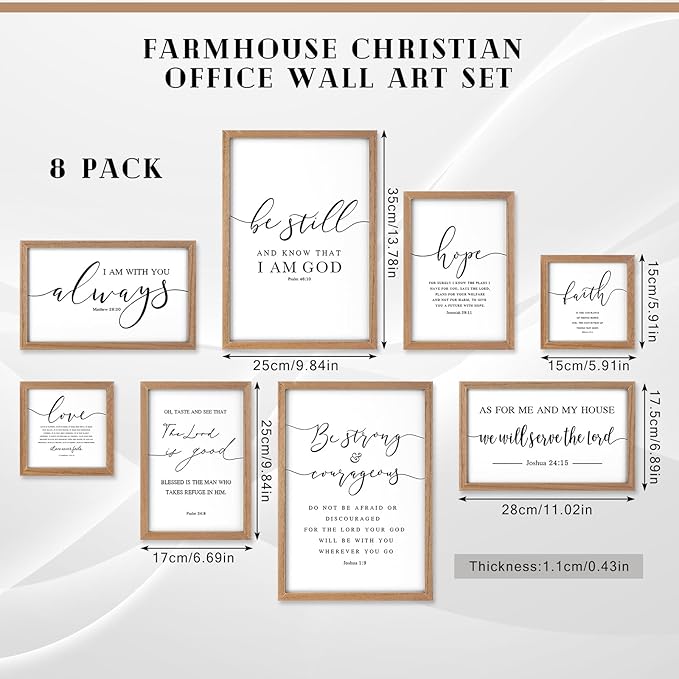 Faccito 8 Set Christian Wall Art Large Wooden Framed Farmhouse Bible Verses Home Decor Neutral Prayer Room Decor Minimalist Christian Scripture Wall Art for Home Office Living Room Bedroom Church