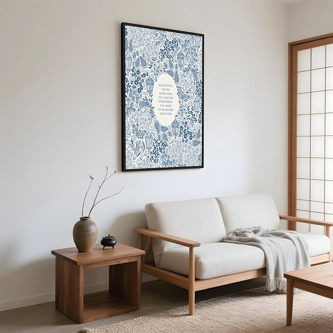 Framed Slow Down Youre Doing Fine Music Posters Motivational Quote Wall Art Blue Victorian Floral Inspirational Canvas Print Vintage Aesthetic Positive Affirmation Office Home Calming Decor 12x16inch