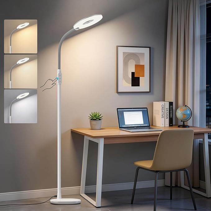 GyroVu LED Floor Lamp, Touch Control Bright Reading Floor Lamps for Living Room, 70'' Dimmable 3 Color Temperature Standing Tall Lamp with Adjustable Gooseneck for Bedroom Office Craft Sewing, White