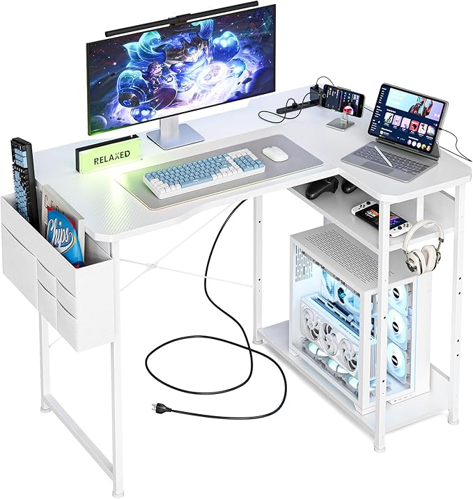 L Shaped Gaming Desk 40 Inch - Computer Corner Desk with Power Outlets, Reversible Shelves & Storage Bag for Home Office, PC Gaming Table, White