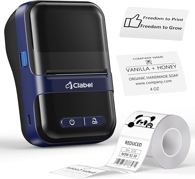 CLABEL Label Maker Machine with Tape, 300DPI Thermal Bluetooth Label Printer 2 Inch Portable Barcode Inkless Sticker for Small Business, Retail Office,Office, Home, Came with 1 Roll Label