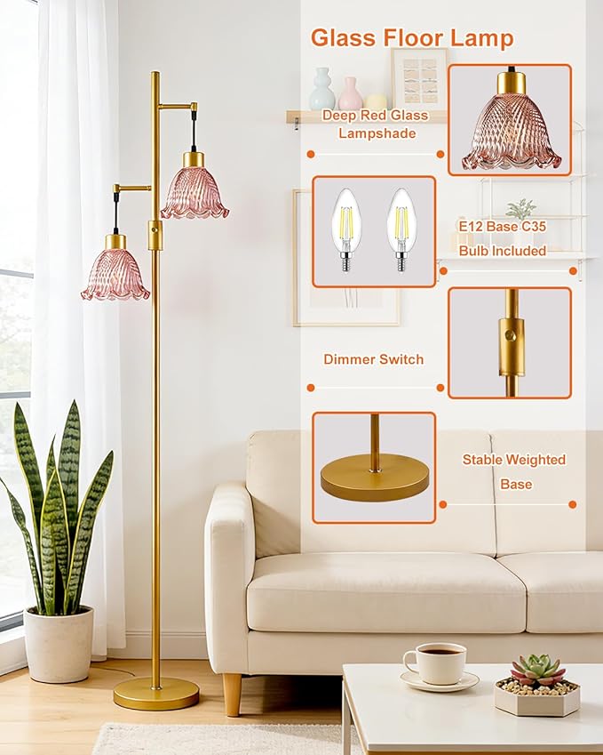 Lightdot 2- Light Gold Flower Floor Lamp for Living Room, 65IN Dimmable Floor Lamps with Rose Red Glass Shade&3000K Warm White Bulbs, Modern Standing Tall Lamp for Bedroom Office