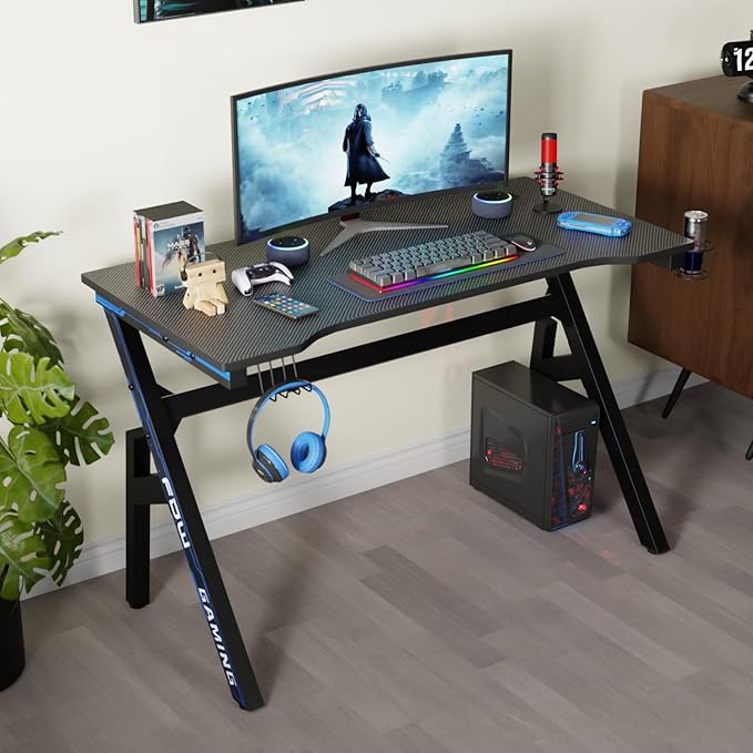 PayLessHere 47 Inch Gaming Desk PC Carbon Fiber Table Ultimate Gamer Workstation with Cup Holder & Headphone Hook for Home Office,Blue