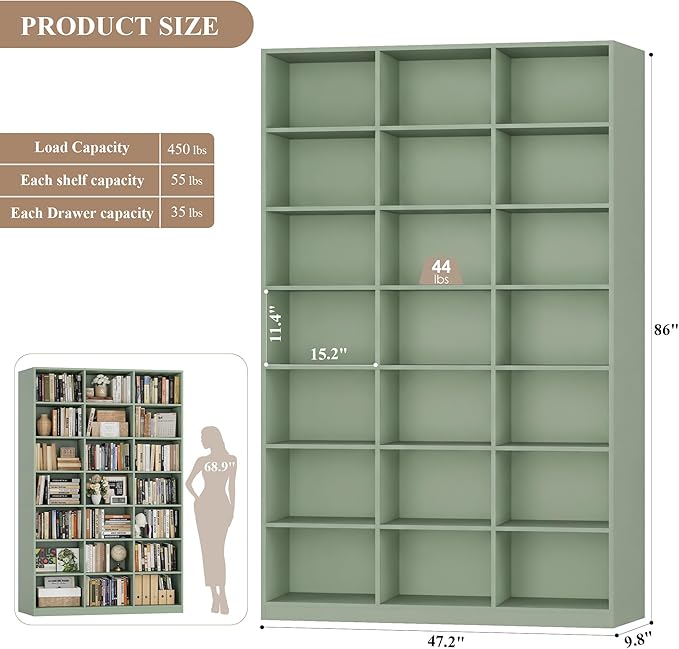 HOSTACK 86" H Triple Wide Bookshelf and Bookcase, 7 Tier Tall Bookshelf with Storage, Large Bookcase with 21 Open Display Storage Shelves, Wood Book Shelf Media CD DVD Storage for Living Room, Green