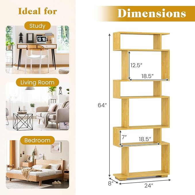 Giantex 6-Tier Geometric Bookshelf, S-Shaped Bookcase with 2 Anti-Tipping Kits, Wooden Display Shelf, Decorative Storage Shelving Unit, Home Storage Organizer for Office Living Room, Burlywood