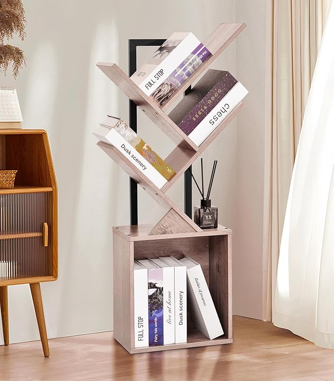Tree Bookshelf Bookcase with Storage Cabinet, 4-Tier Modern Corner Bookshelves, Narrow Wood Book Rack, Mini Floor Standing Book Organizer for Kid Room, Bedroom, Living Room, Home Office, CD/DVD