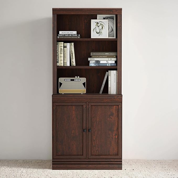 JAHRSTIM Halston Multi-Depth Bookcase, Adjustable Storage Shelving Unit with Doors for Home and Office Space, 31.5”L x 15.75”W x 72.8”H, Dark Cherry
