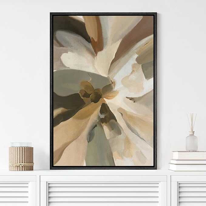 MUDECOR Framed Canvas Print Wall Art Abstract Floral Brushstroke in Warm Neutrals Earthy Tones Illustrations Minimalism Decorative Relax Colorful for Living Room, Bedroom, Office - 16"x24" Black