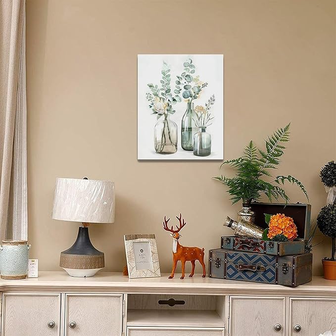 Botanical Bathroom Wall Art Rustic Green Plant Pictures Wall Decor Botanical Canvas Country Print Painting Modern Decoration Artwork for Bathroom Living Room Bedroom Office Framed 16"x20"