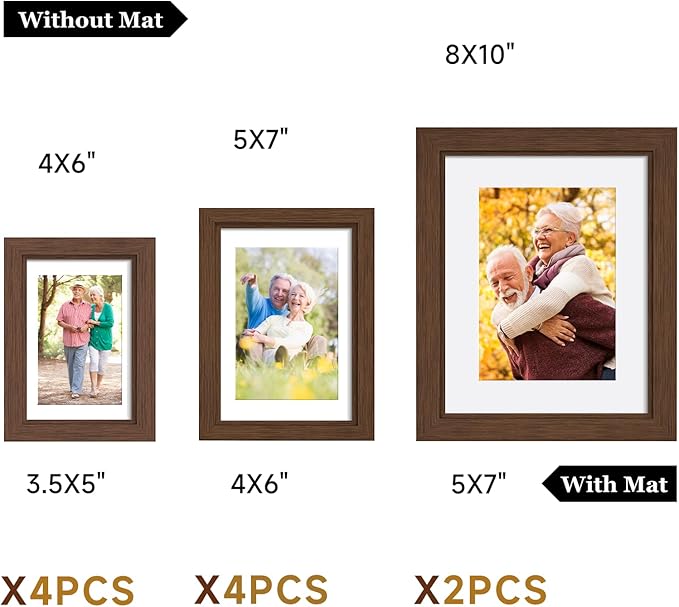 Picture Frames, Made of Real Glass and Wooden Frame, Gallery Photo Frames Set of 10 for Collage Wall Decor, Multi Sizes Including 8x10, 5x7, 4x6 for Mounting or Tabletop Display, Dark Brown