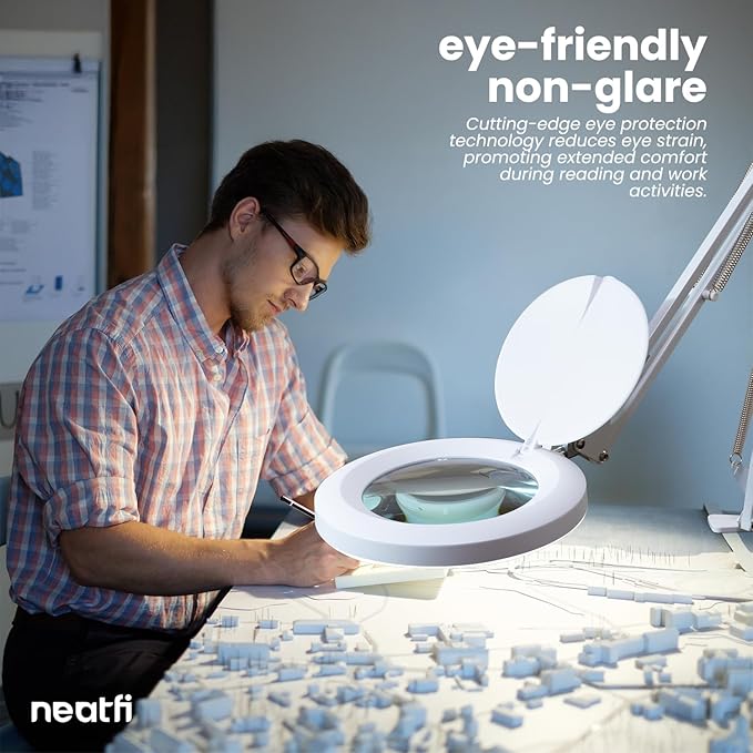 (New Model) Neatfi LED Magnifying Lamp with Clamp | 2.25x Magnification | 120 SMD LEDs | 1,200 Lumens | 12W | Adjustable Color Temperature Desk Lamp Magnifier (White, 5-Inch Lens, 5 Diopter)