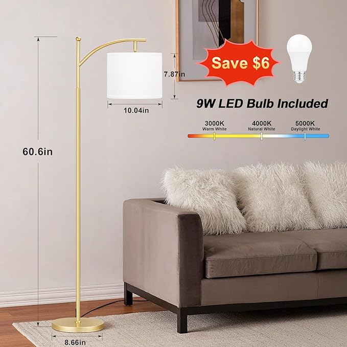 Ambimall 60" Floor Lamps for Living Room with 3 Color Temperatures, Adjustable White Shade with Gold Pole, Tall Lamps for Living Room Bedroom Office Classroom Dorm Room, 9W Bulb Included