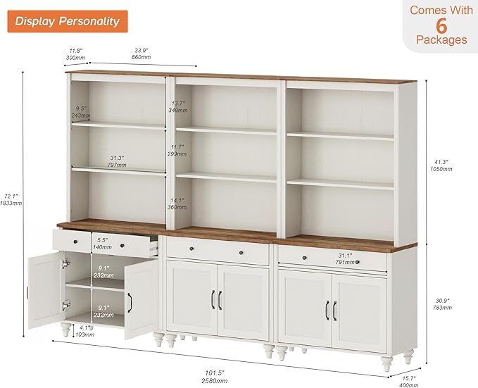 WAMPAT 5 Tier Bookshelf 72" Tall Bookcase with Barn Doors, Large Farmhouse Display Book Shelf with 3 Drawers and Storage Cabinet, 3-in-1 Library Wood Bookshelves for Living Room or Kitchen, White