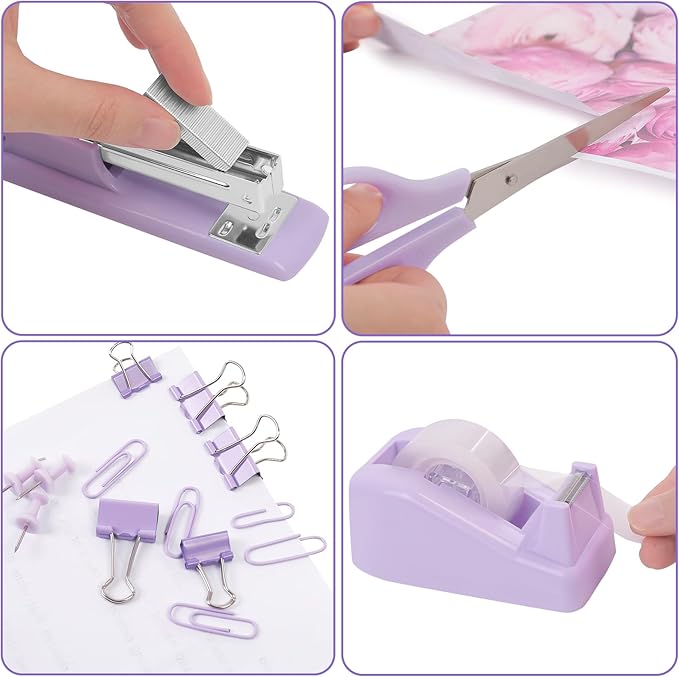 Office Accessories, 10Pcs, 360-Degree Rotating Pen Holder, Office Supplies Include Stapler, Tape, Tape Holder, Scissors, Ruler, Staple Remover, 1 Box of Staples, Paper Clips Kit for Office School