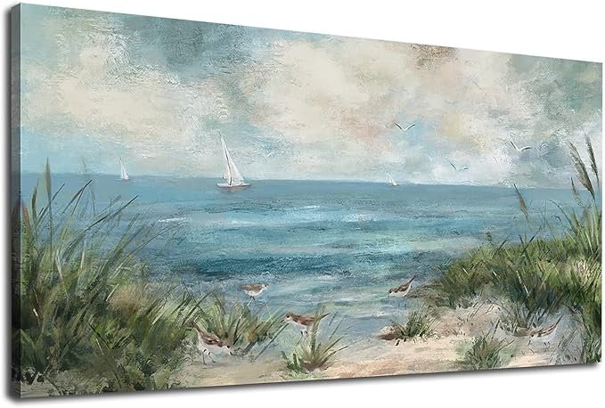 arteWOODS Vintage Seascape Canvas Prints Wall Decor Ocean Sailboat Canvas Pictures Seagull Bird Reed Canvas Painting Artwork for Living Room Bedroom Office Decoration 20" X 40"