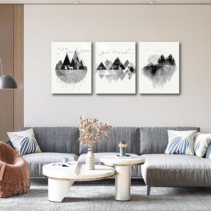 hyidecorart Canvas Wall Art For Living Room Wall Decor For Bedroom Office Decoration Black And White Abstract Wall Painting Geometry Mountain Prints Wall Pictures Artworks Room Home Decor 3 Piece