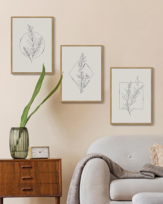Drsoum Minimalist Flower Wall Art Vintage Wall Hanging Decor Black Line Botanical Prints Artwork for Office Dining Room Hallway 11x14in Natural Framed