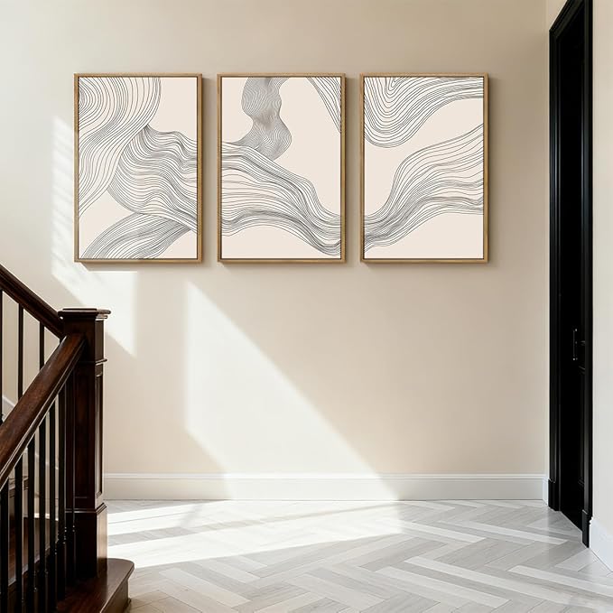 Beige Abstract Wall Art Framed Neutral Modern Canvas Wall Decor Minimalist Line Wave Painting16x24 Inch Pictures Set of 3 for Living Room Bedroom Dining Room