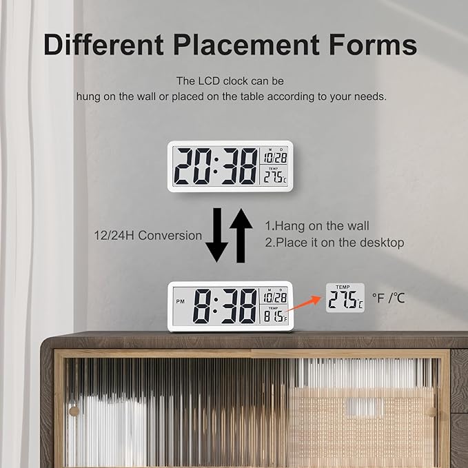JoFomp LCD Digital Wall Clocks Battery Operated, 8.5" Modern Wall Clocks for Living Room Decor, Simple Digital Wall Clock with Temperature/Date/Time - 12/24H, Small Desk Clock for Bedroom Office