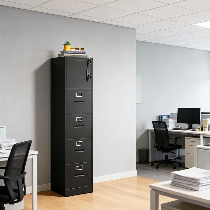 4 Drawer Filing Cabinet with Lock and Card Slot, Vertical Locking File Cabinet with Doors for Home Office, Small Metal File Cabinets for Legal Letter File Folders, Assembly Required