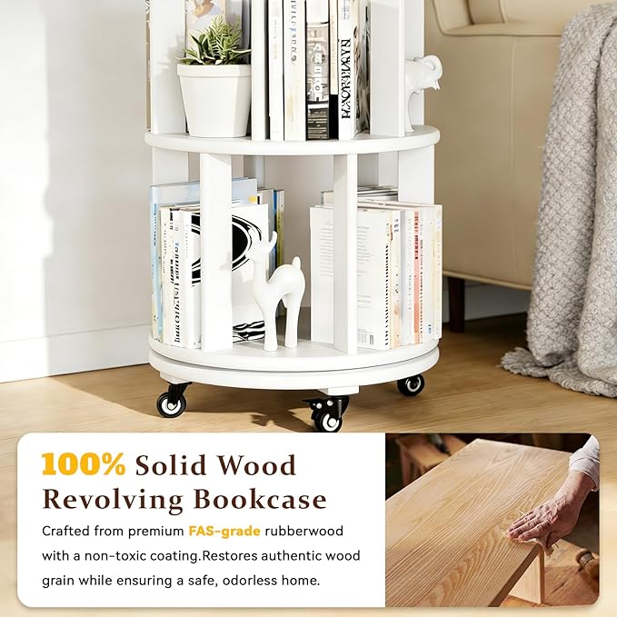 Rotating Bookshelf Tower with Wheels, 6 Tier Walnut Wood Round Spinning Bookshelf Tower, 360° Revolving Bookcase Rolling for Kids Adult, Rotation Book Shelf for Bedroom, Living, Office, Corner, White