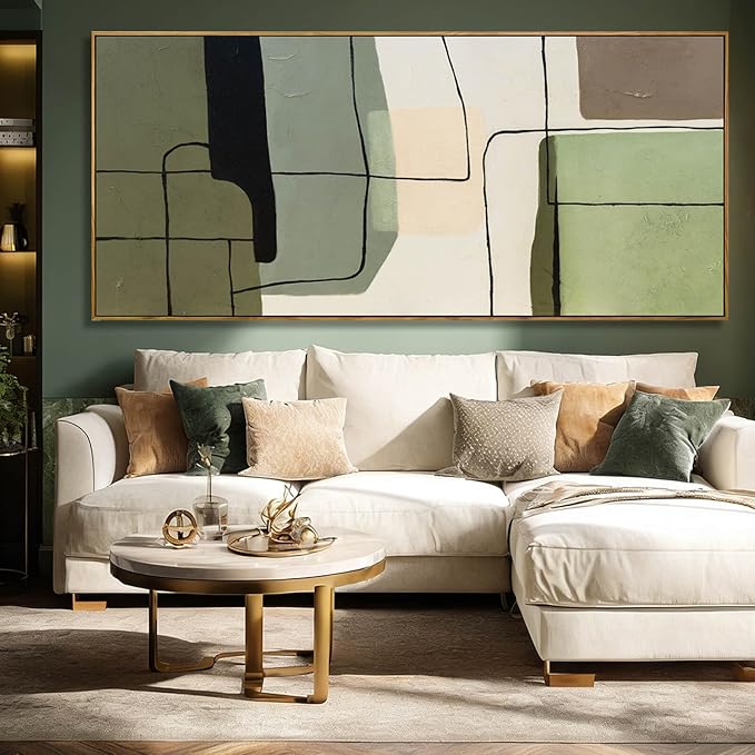 Large Abstract Canvas Wall Art 32x70 Inch, Green Beige Neutral Framed Wall Art, Modern Horizontal Canvas Wall Art with Wooden Frame for Living Room Home Decor