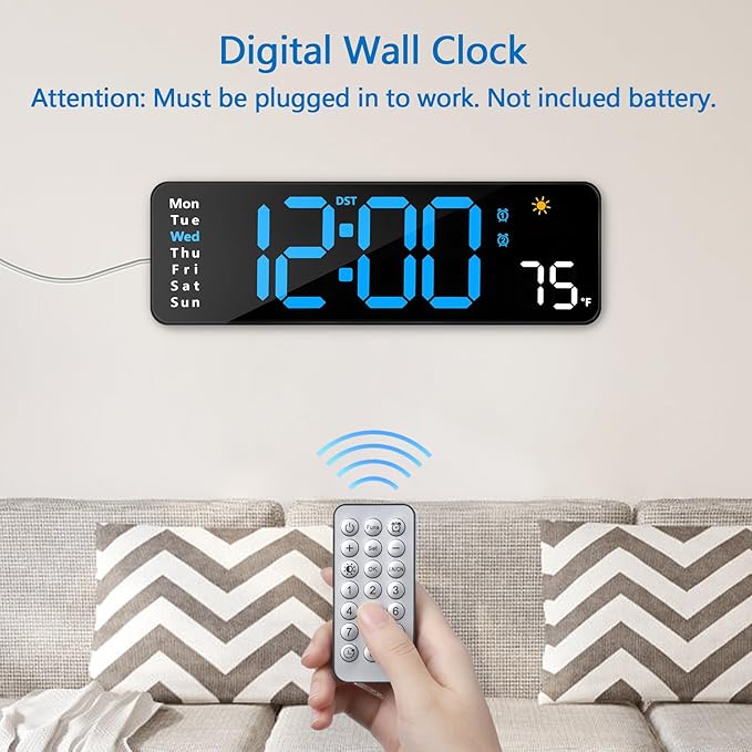 Digital Wall Clock with Remote Control, Large Display Plug in LED Digital Alarm Clocks with 12/24Hr, Date, Week, DST, Timing, Countdown, Temperature for Living Room, Bedroom, Office Wall Decor (Blue)