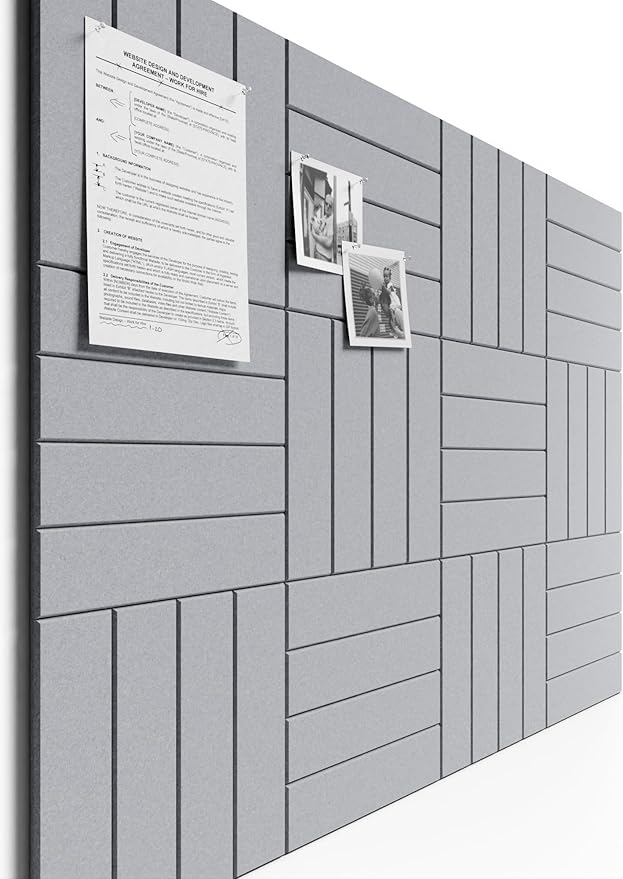 Bumusty Large Cork Board Alternative-48 x 36" Felt Bulletin Board Tiles, with 30 Pushpins, 70 Adhesive Tabs, 12-Pack Slat Wall Paneling, Cork Boards for Office Push Pin Board Felt Board-Soft Gray