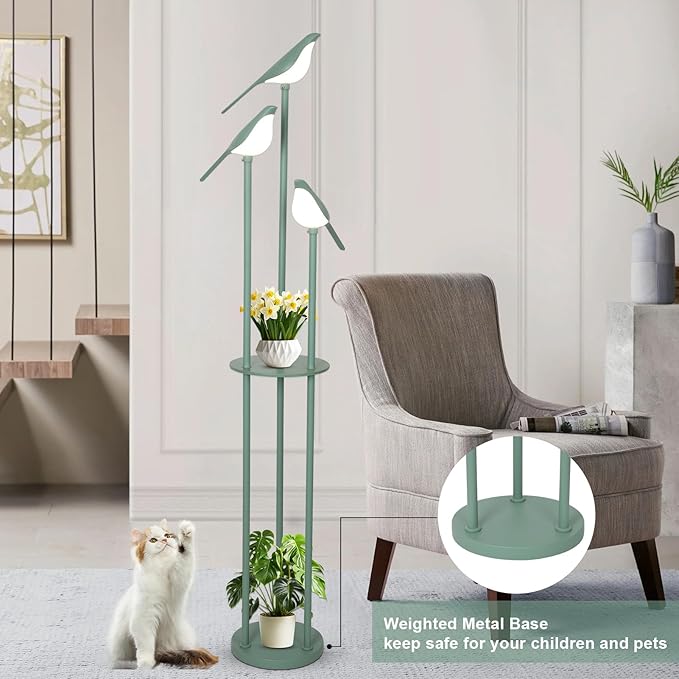 Bird Floor Lamp for Bedroom, Green Standing Lamps for Living Room, Corner Tall Lamp with Table, 3-Lights Vintage Floor Lamp, Modern Stand Up Lamp for Office, Girls Room, Unique Bird Lamps